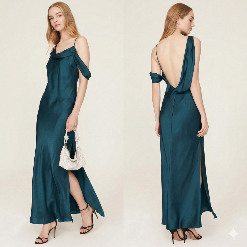 Fame and Partners Dress Womens 6 Blue Francois Gown Draped Wedding Guest Satin